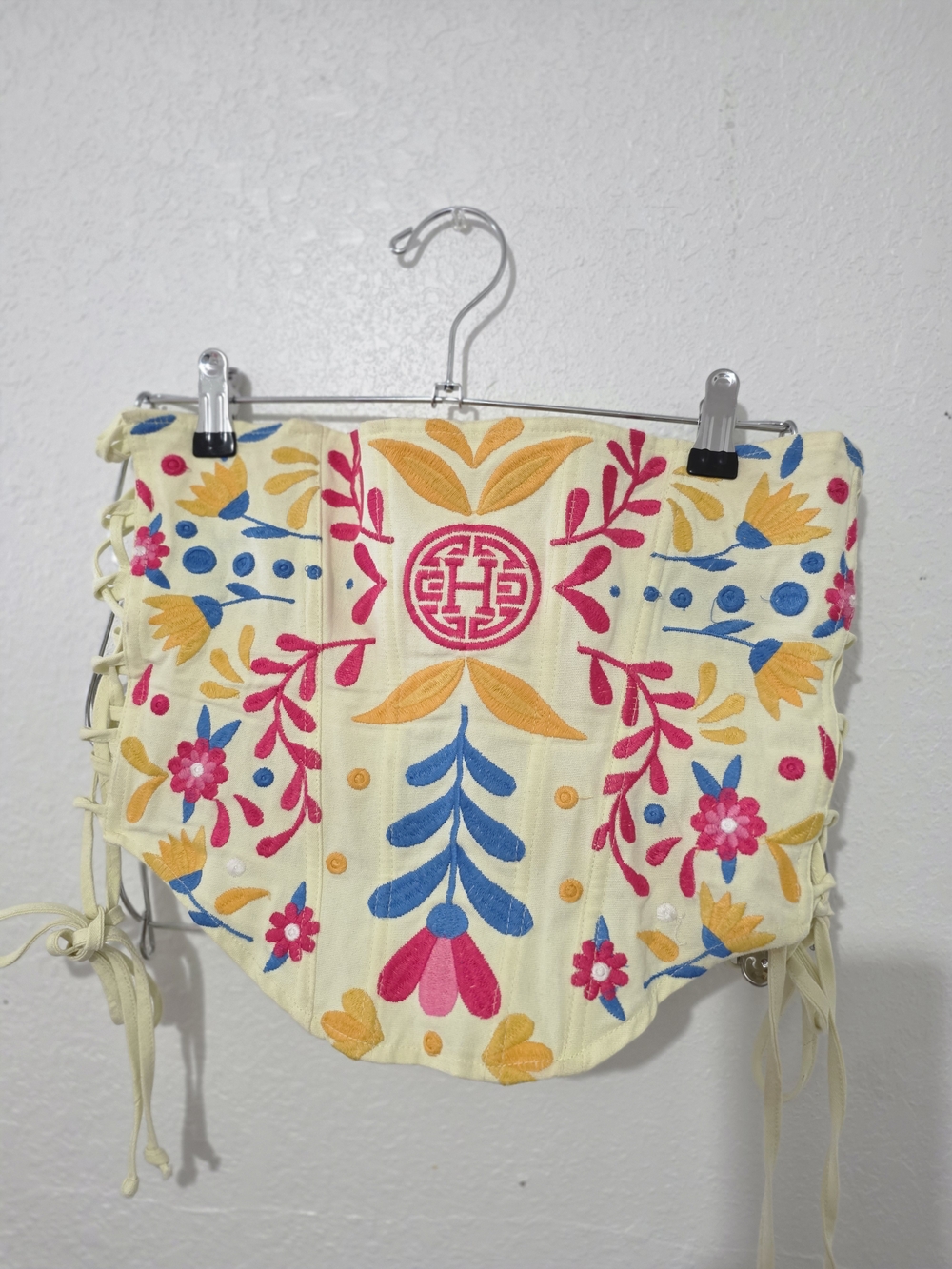 Embroidered Floral Corset Top in  Pink, Blue & Yellow-Size Medium